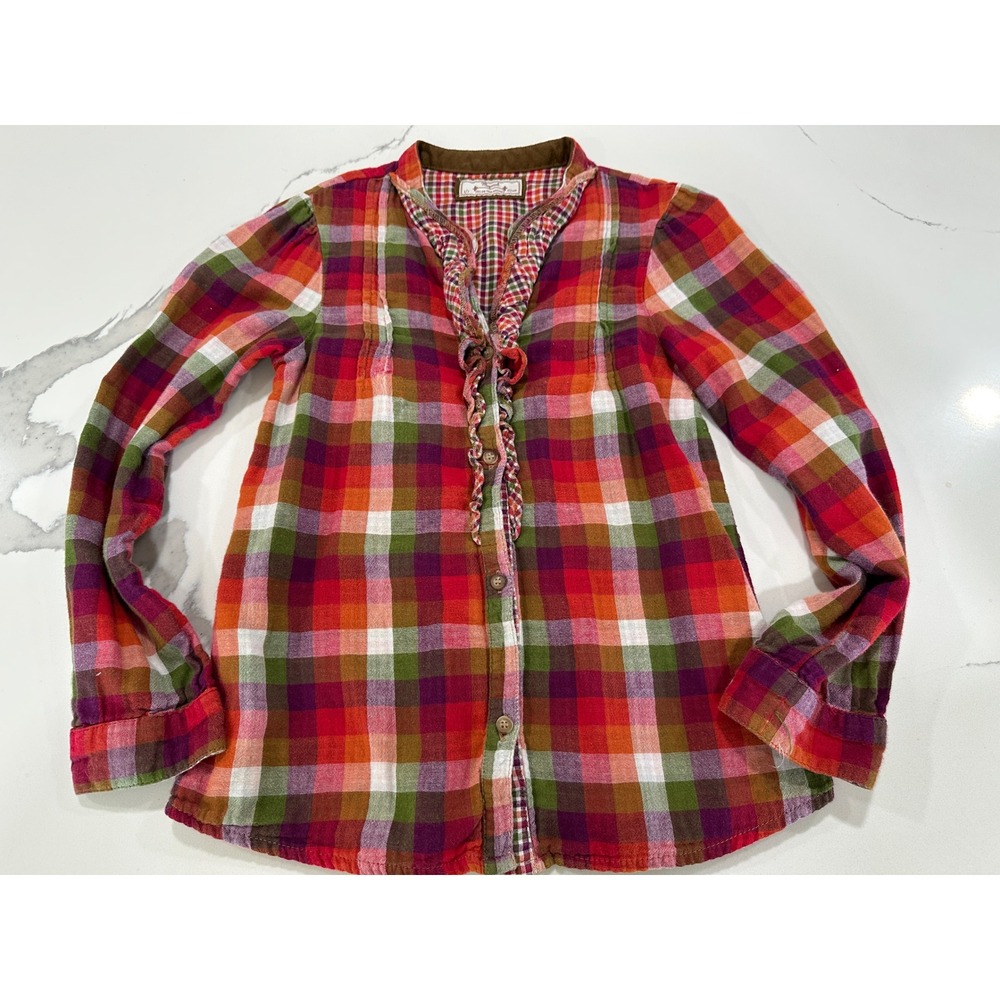 Mayoral Girls Plaid Ruffle‎ Button Down Shirt Multi-Color Size 7